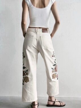 Free People Willow Wide Leg Floral Embroidered Combo Jeans Boho 28 Denim